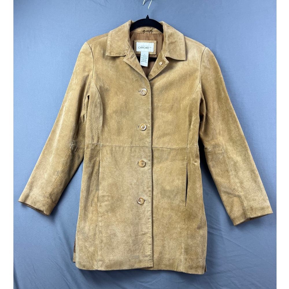 Cherokee Leather Jacket Womens Small Tan Suede Button Front Car Coat Vintage